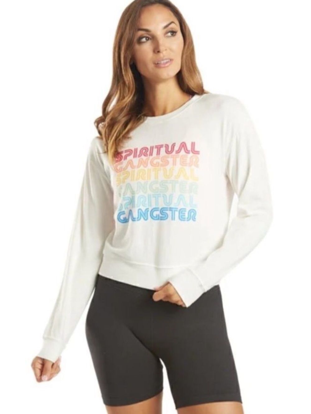 Spiritual Gangster XL Savasana Crewneck Soft White Rainbow Lettering Pullover